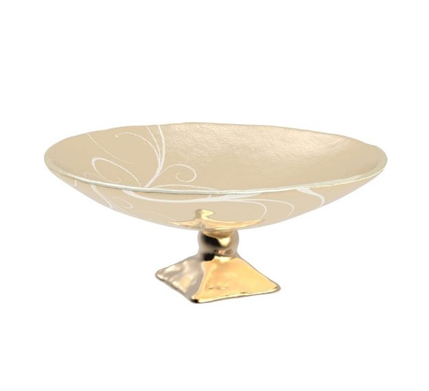 AnnaVasily - Xante is a large fruit bowl in cream and our Vivace pattern on a square bronze pedestal.-3/4 View