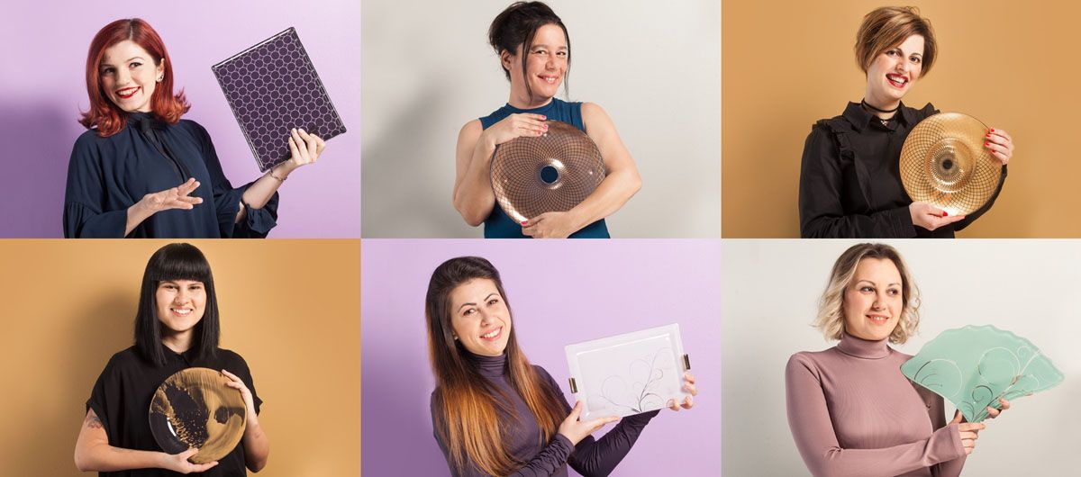 6 women presenting 6 different artisan dishes on 6 colourful backgrounds.