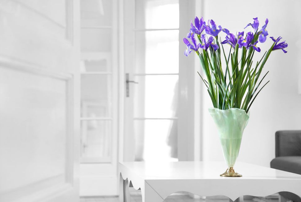 Elegant Large Glass Mint Green Flower Vase With a Bronze Pedestal by AnnaVasily With Purple Irises on a White Table in a White Room