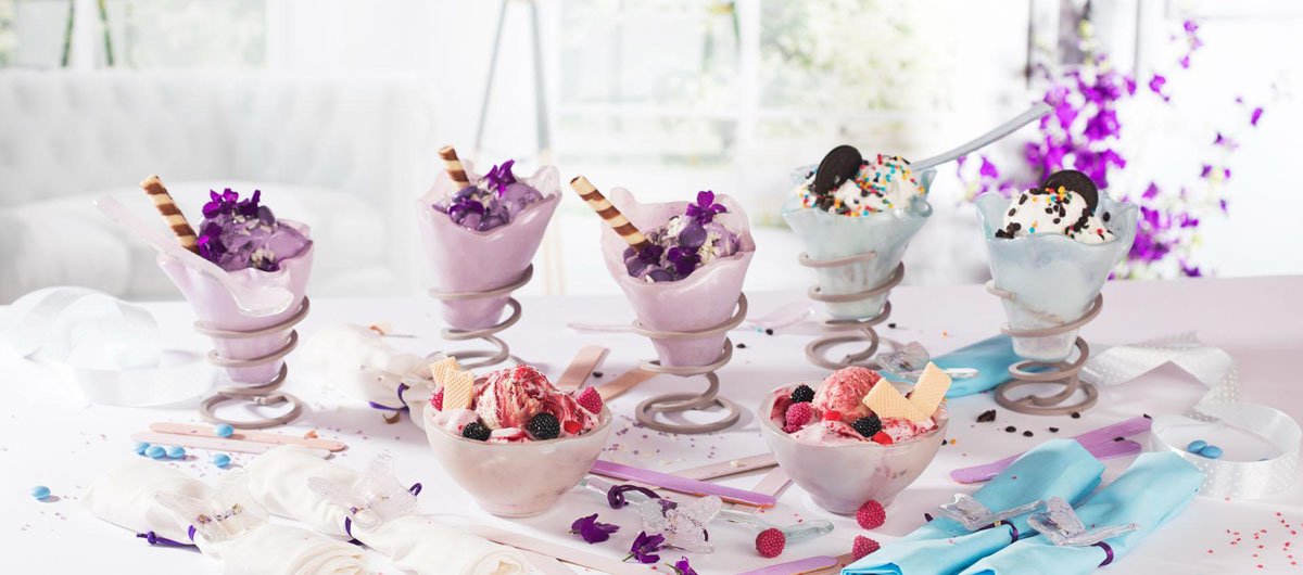 Unique colourful ice cream bowls filled with ice cream