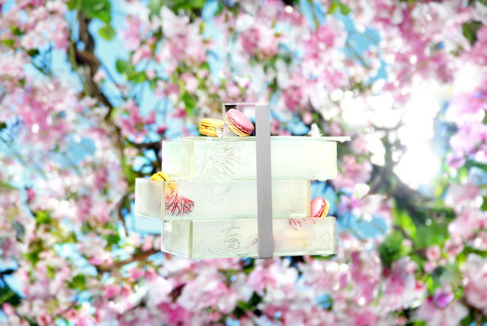 Beige glass bento box Harper with 3 compartments with a floral pattern and a loop handle with cherry blossoms in the background.