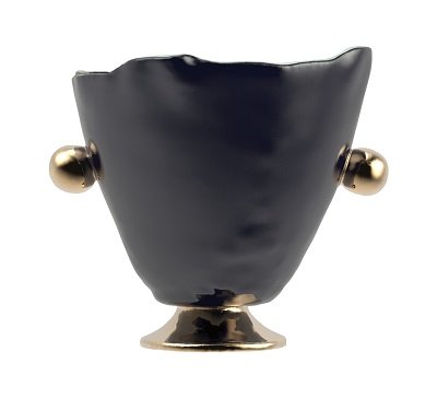 Gala is a gorgeous blue wine ice bucket that sits on a bronze pedestal with handcasted and hand polished bronze handles.