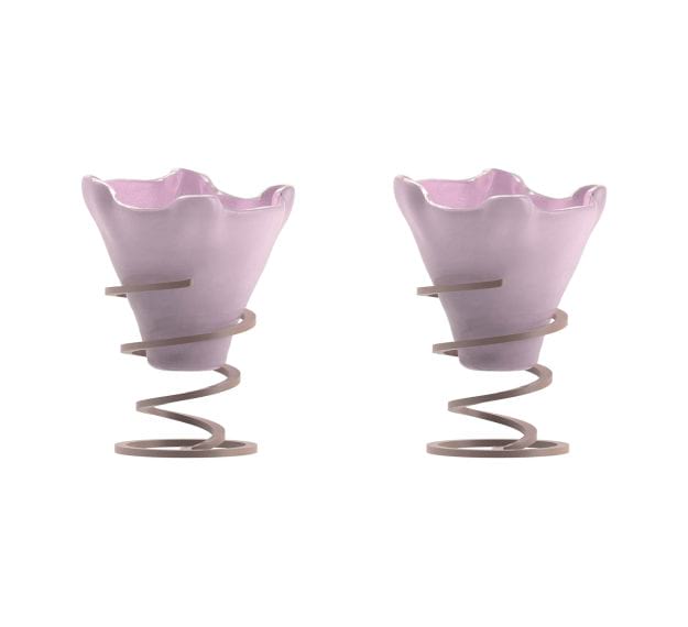 Soft Shell Pink Ice Cream Bowls Supported on a Spiral Metal Base - Set View