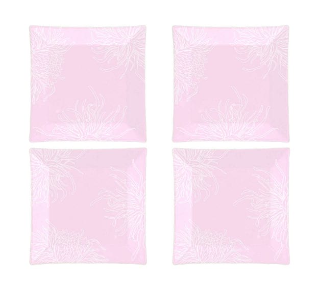 Square Pink Dessert Plates with Floral Motifs Designed by Anna Vasily - Set View