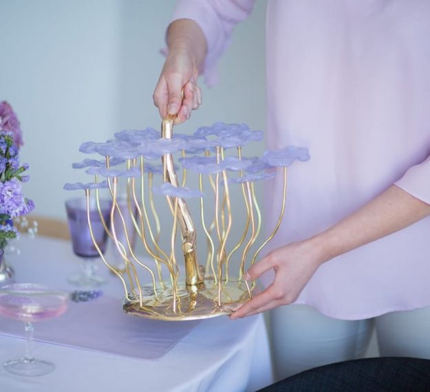 Unique purple dessert stand centerpiece