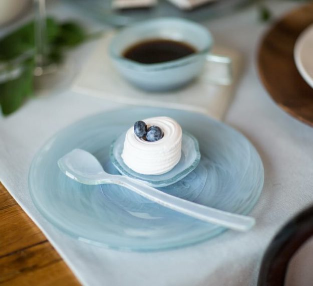 Long dessert spoon, Lin blue glass heart shaped ice cream spoon set of 6 by Anna Vasily.